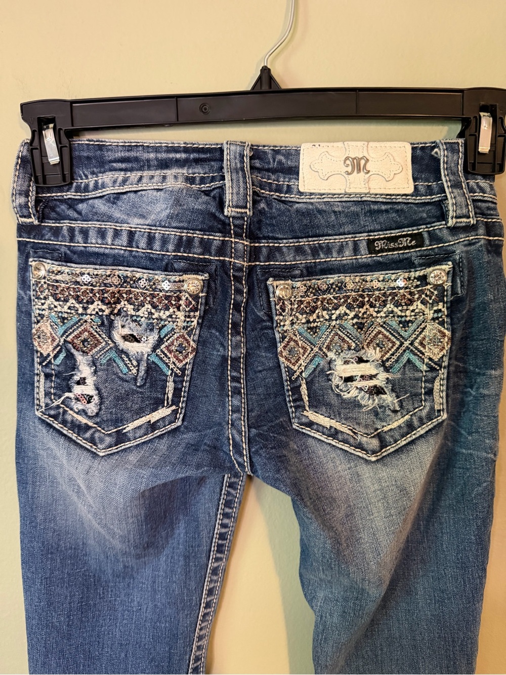 Gorgeous Miss Me Signature Boot Jeans with Bead Embellished Pockets 32” Inseam